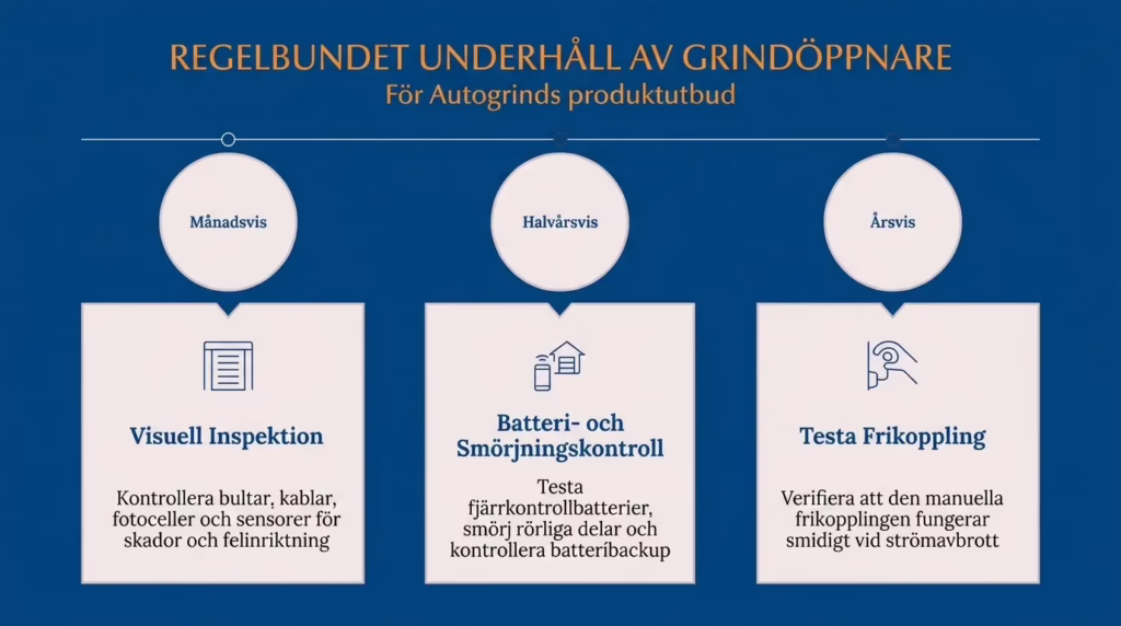 Schema för underhåll av grindöppnare. Gäller för autogrinds grindmotorer