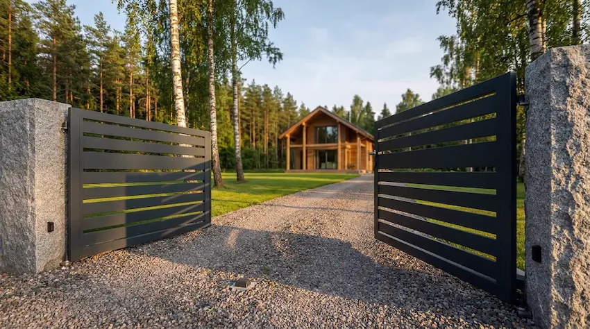 Automatisk grindöppnare på svensk villagrind i naturskön miljö